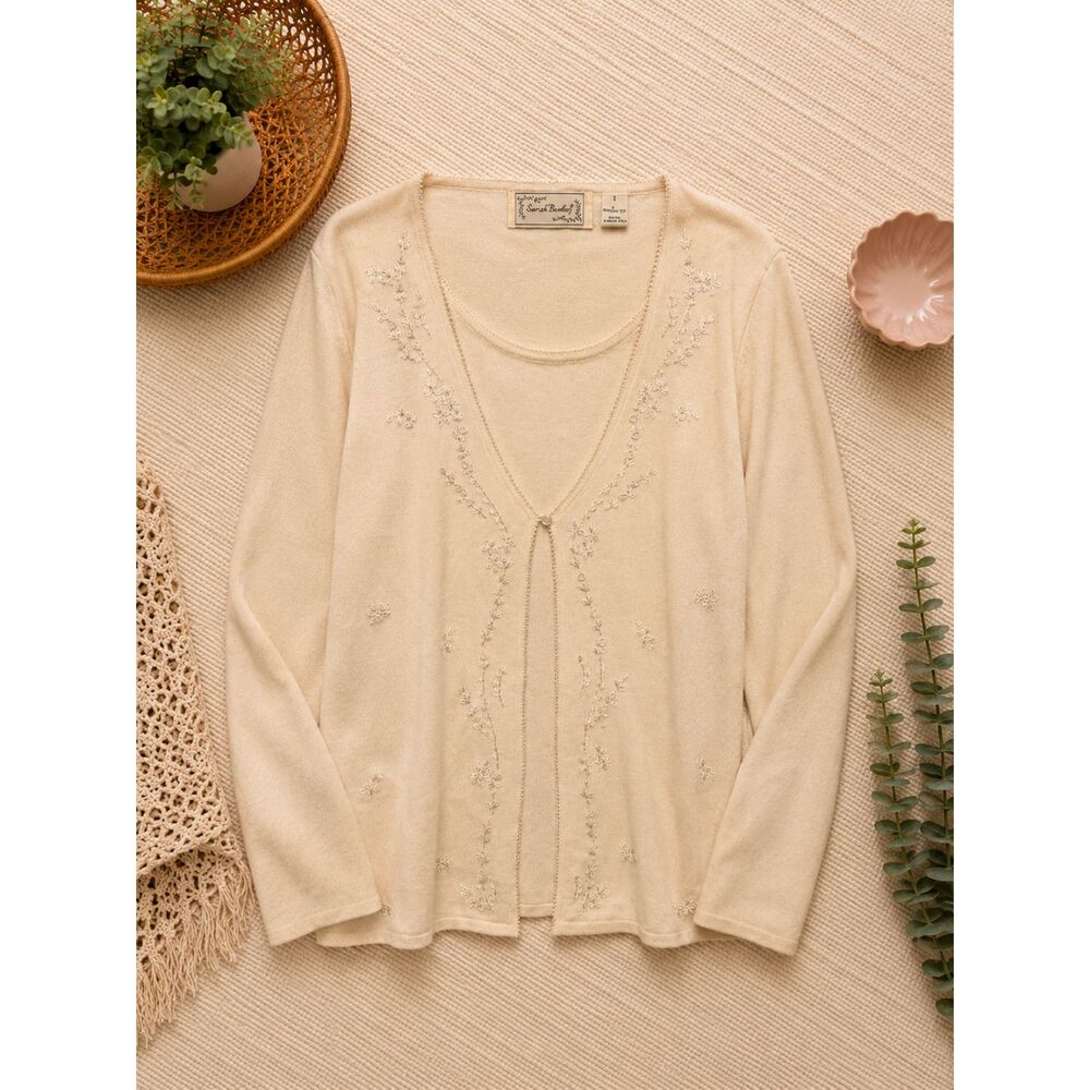 Sarah Bentley Embroidered Cardigan Sweater Set XL Ivory Floral Beaded Twinset